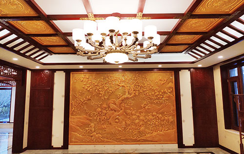 花溪中式别墅客厅中式木作横梁吊顶装饰展示